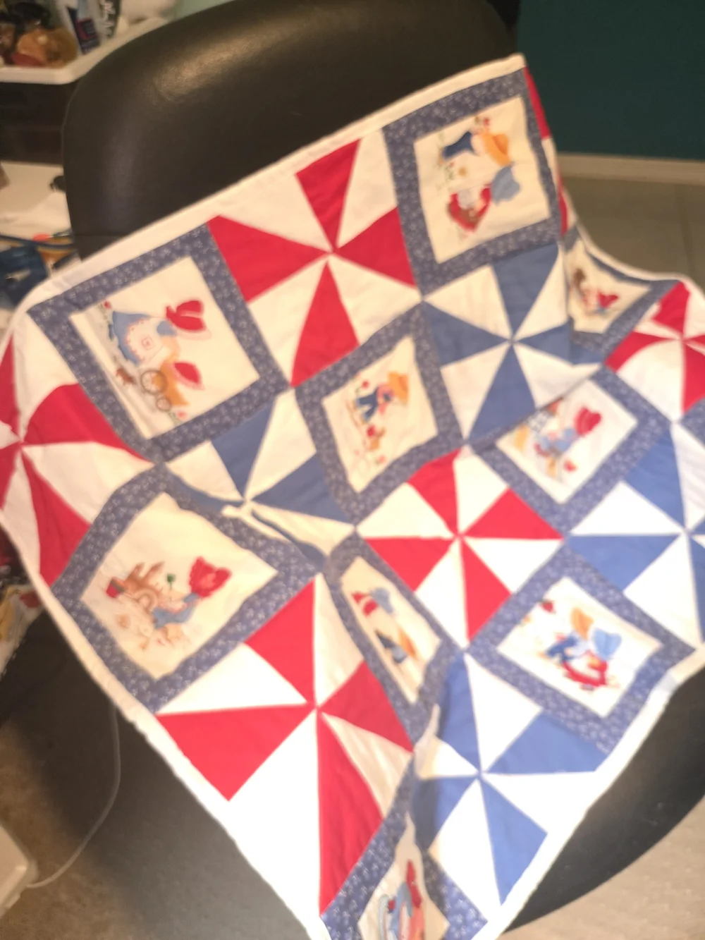 Handcrafted Cotton Patchwork Baby Quilt in Red, Blue & White